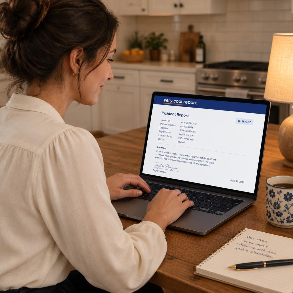 Restaurant owner at her desk, the sealed report on her laptop screen
