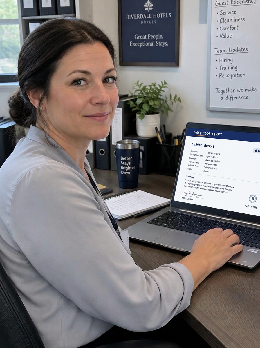 Assistant general manager at her desk, the sealed report on her laptop