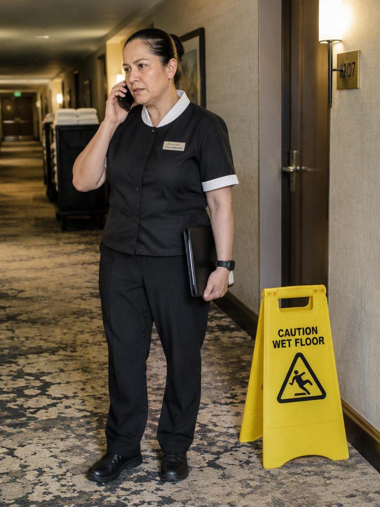 Executive housekeeper by a wet floor sign in a guest corridor
