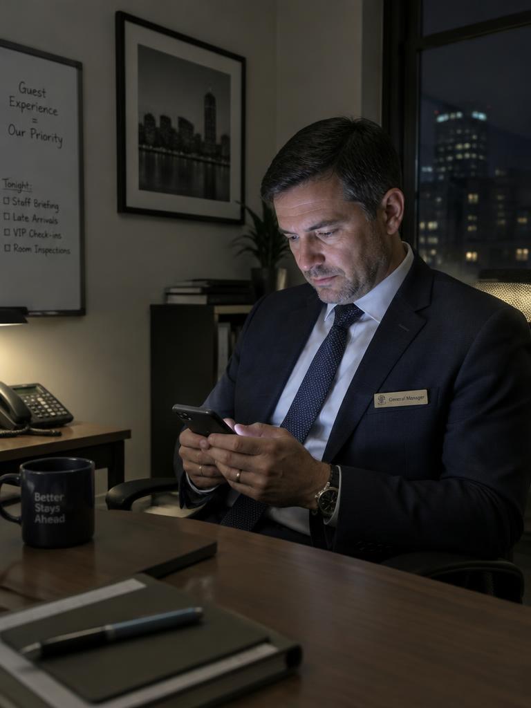 Hotel general manager reading his phone in the back office at night