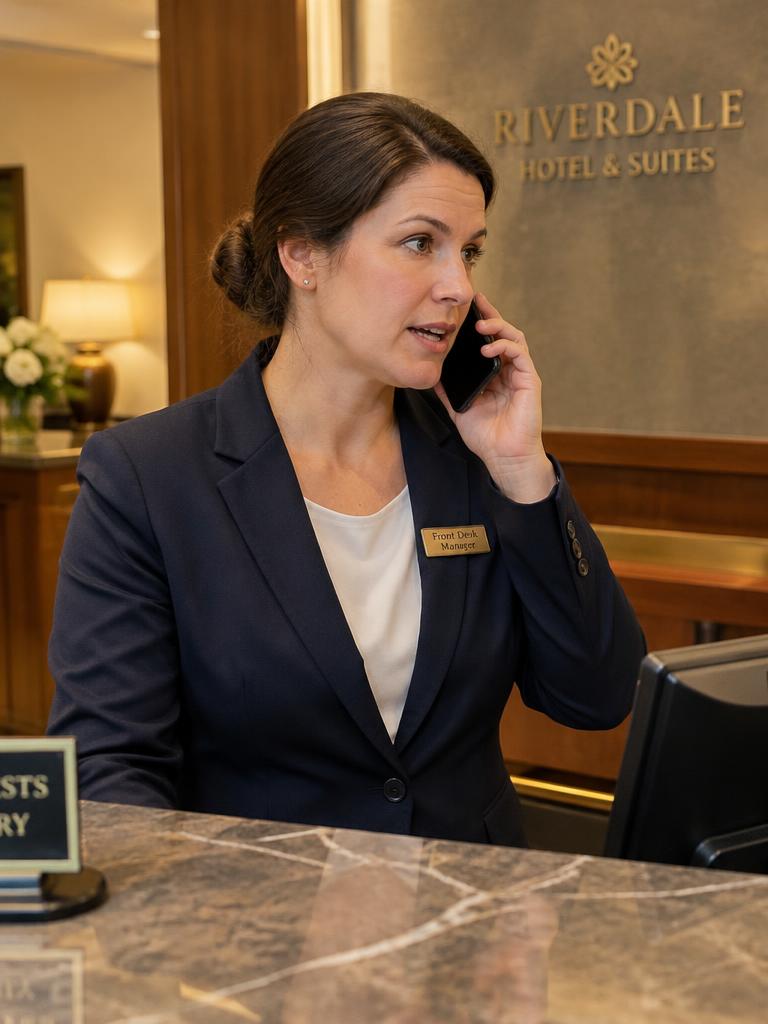 Front desk manager on her phone behind the hotel reception counter