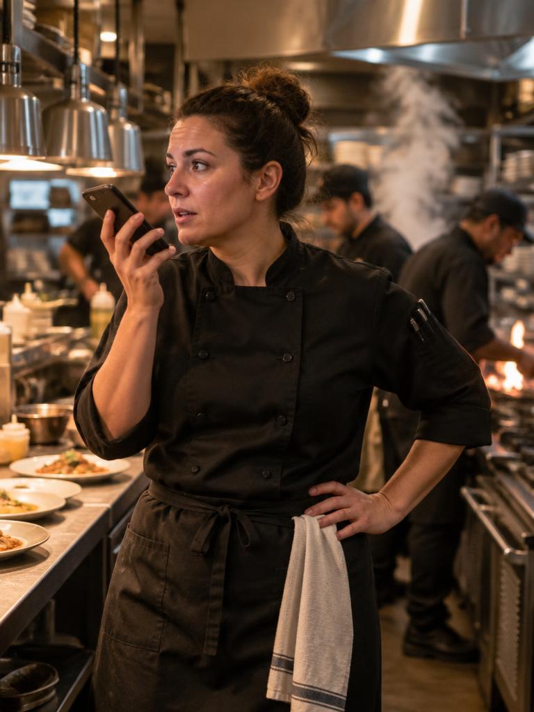 Kitchen manager speaking into her phone on the cook line